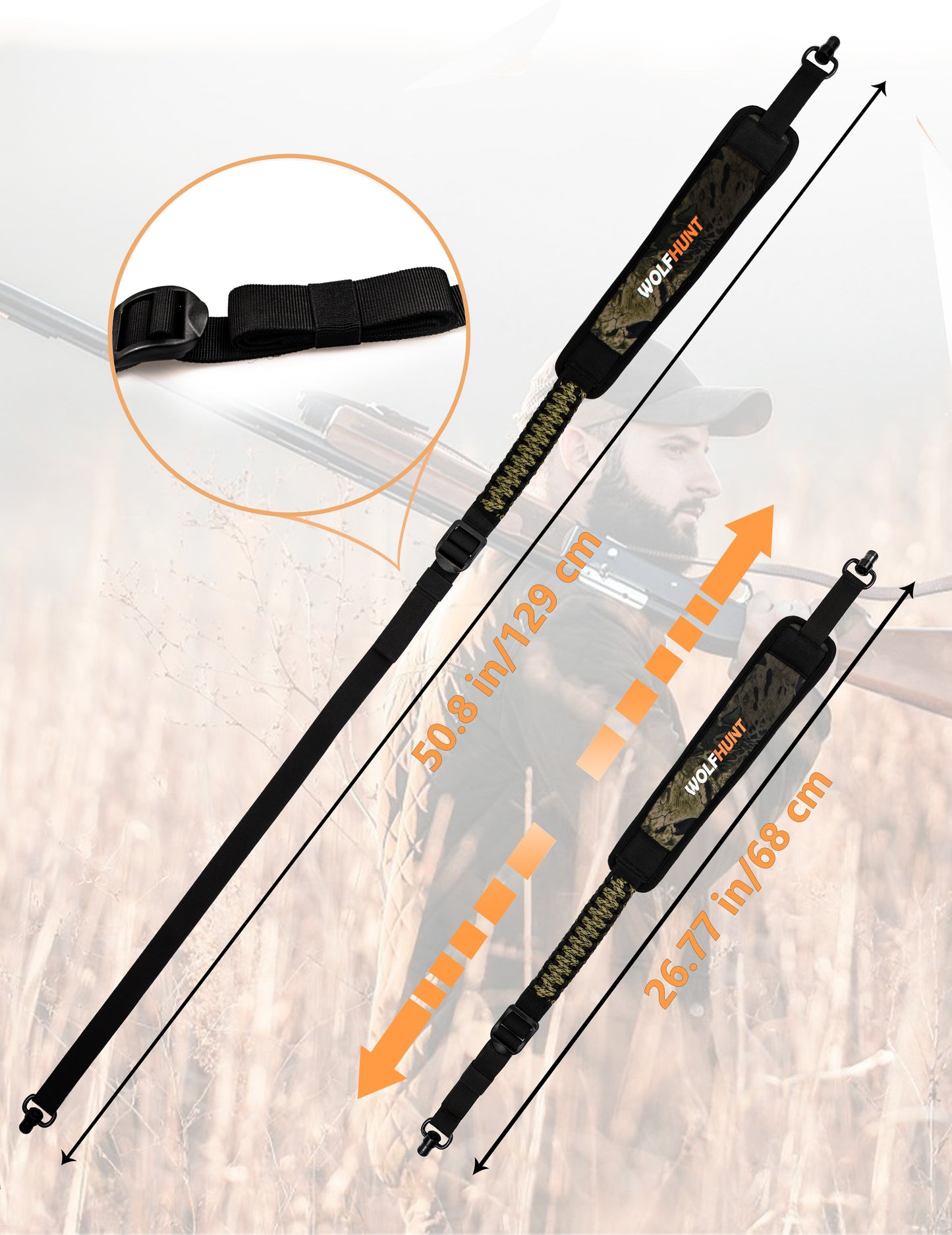WOLFHUNT 2 Point Gun Sling with QD Swivels Semi-Paracord Hunting Rifle Sling QD Mount Comfortable Neoprene Padded Length Adjustable, Prym1 Woodlands