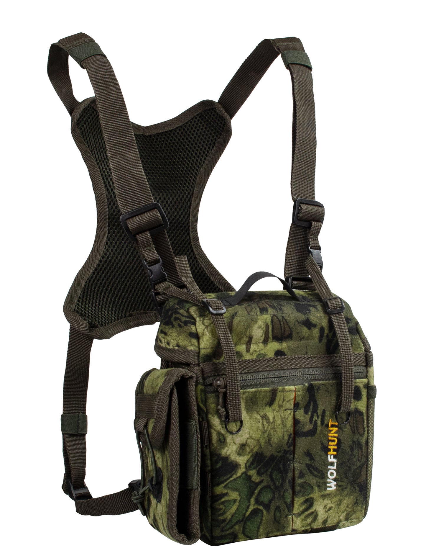 WOLFHUNT Binocular Harness Chest Pack Magnetic Closure, Bino Case with Detachable Rangefinder Pouch, Camouflage Bino Bag with Adjustable Strap for Hunting, Prym 1 Woodlands