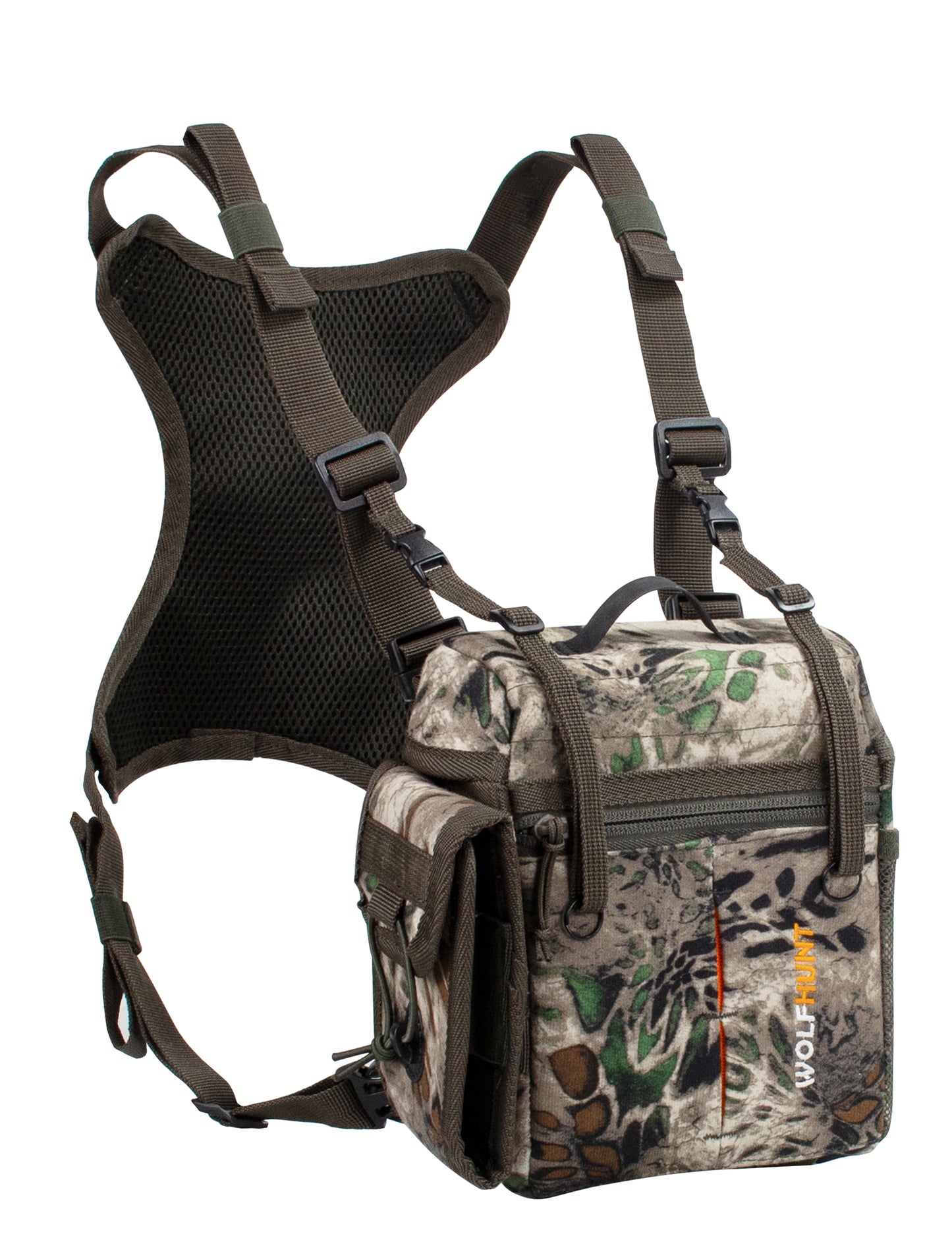 WOLFHUNT Binocular Harness Chest Pack Magnetic Closure, Bino Case with Detachable Rangefinder Pouch, Camouflage Bino Bag with Adjustable Strap for Hunting, Prym 1 MP