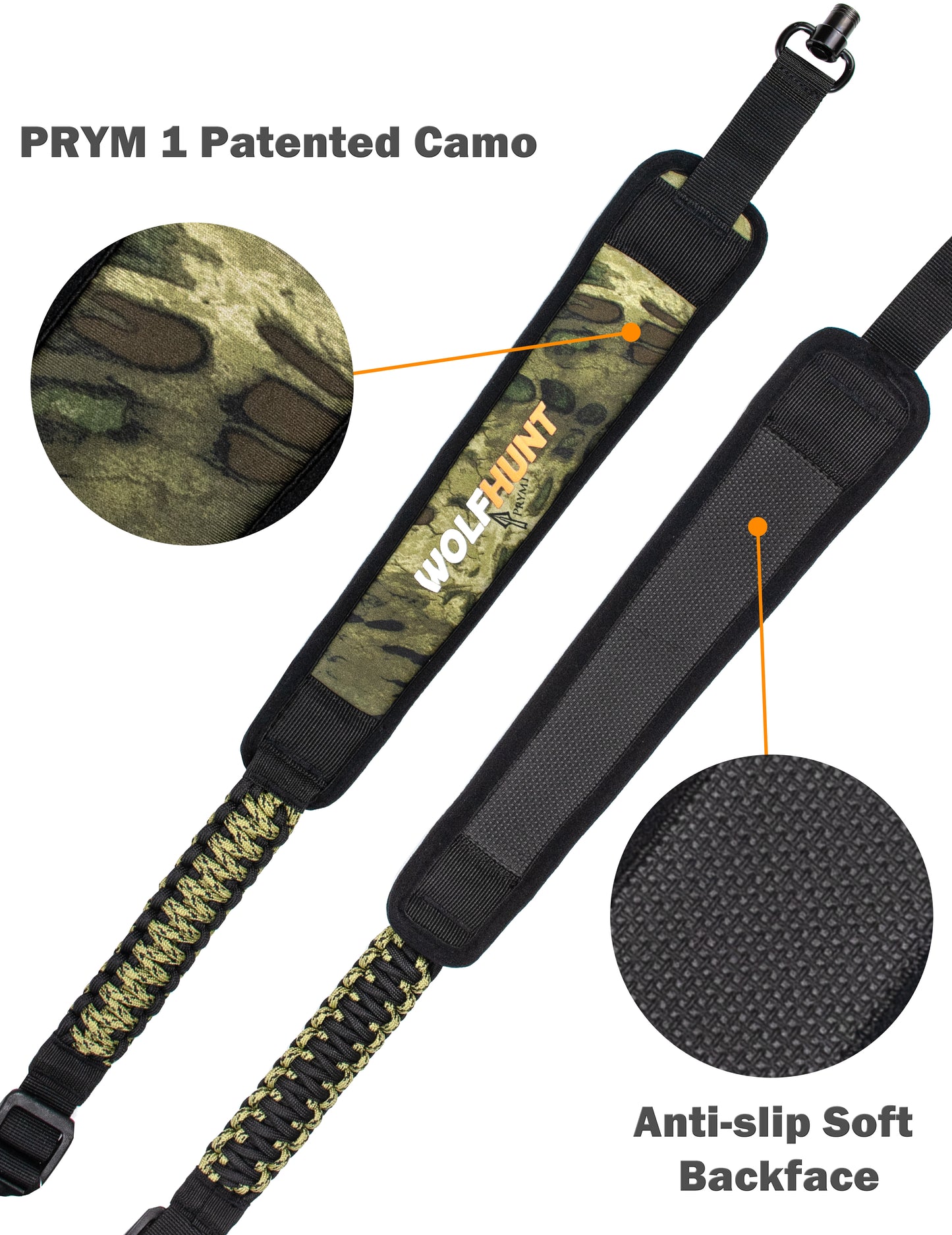 WOLFHUNT 2 Point Gun Sling with QD Swivels Semi-Paracord Hunting Rifle Sling QD Mount Comfortable Neoprene Padded Length Adjustable, Prym1 Woodlands
