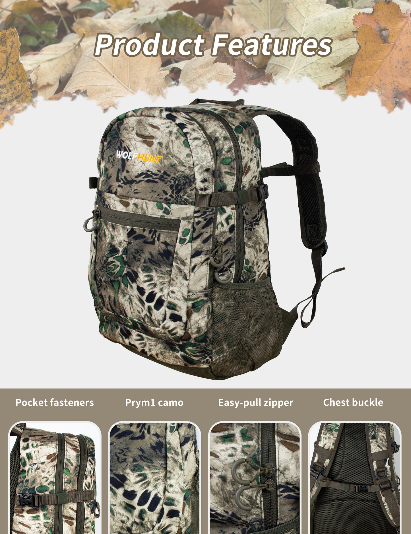 WOLFHUNT Camouflage Backpack for Men, Hunting Camo Pack Hiking Backpack Day Pack Multifunctional Outdoor Gear for Hiking, Fishing, Shooting, Prym1 MP