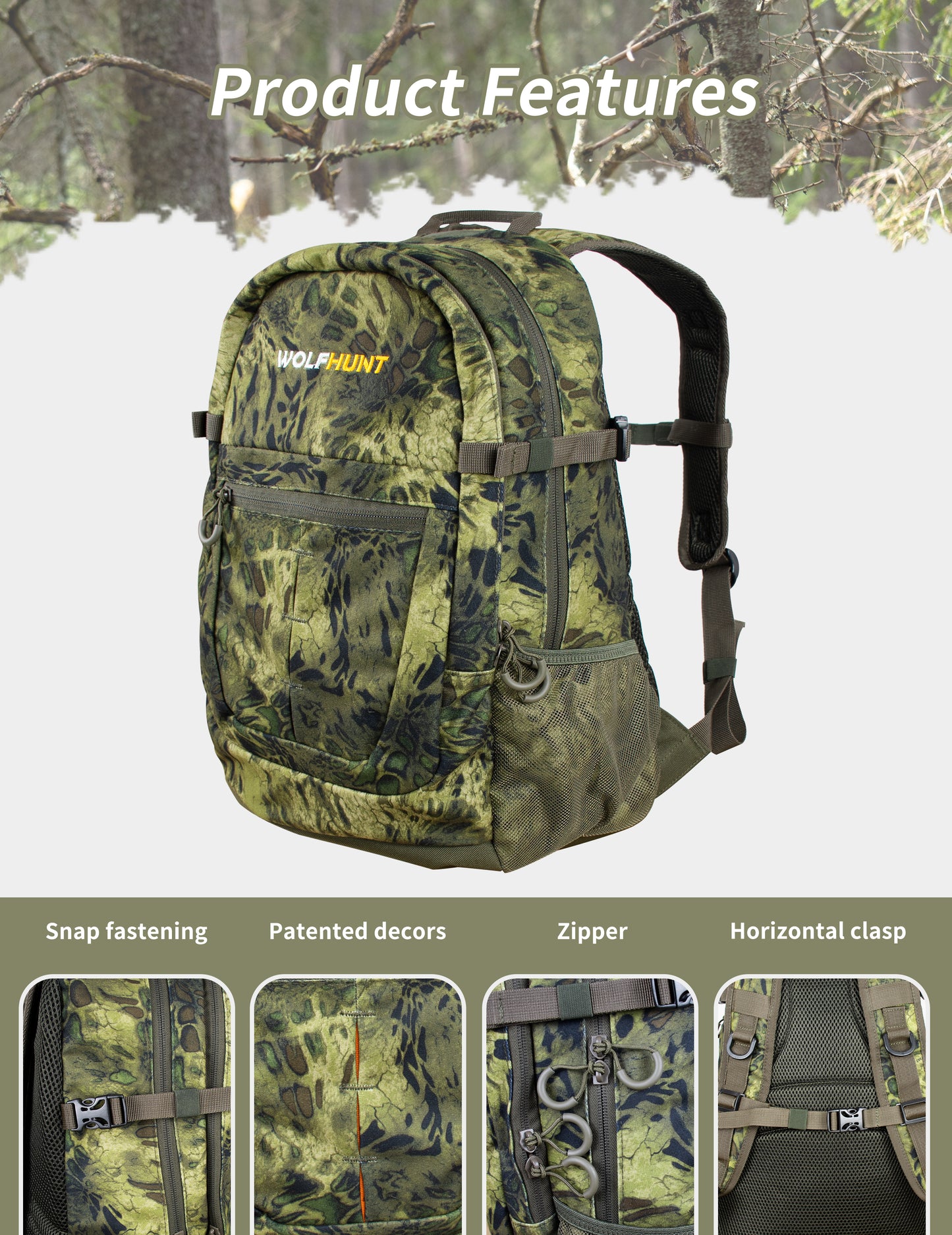 WOLFHUNT Camouflage Backpack for Men, Hunting Camo Pack Hiking Backpack Day Pack Multifunctional Outdoor Gear for Hiking, Fishing, Shooting, Prym1 Woodlands