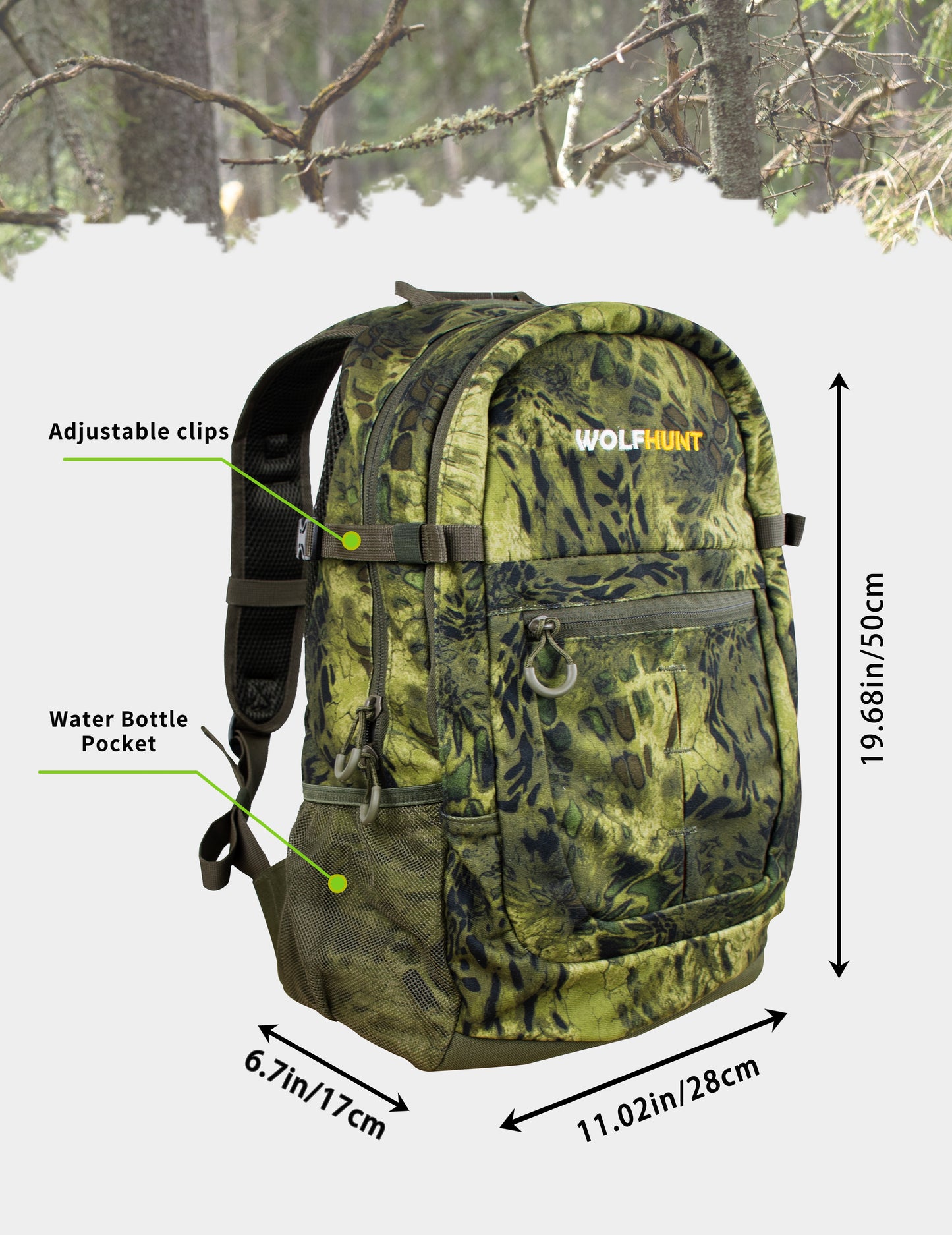 WOLFHUNT Camouflage Backpack for Men, Hunting Camo Pack Hiking Backpack Day Pack Multifunctional Outdoor Gear for Hiking, Fishing, Shooting, Prym1 Woodlands