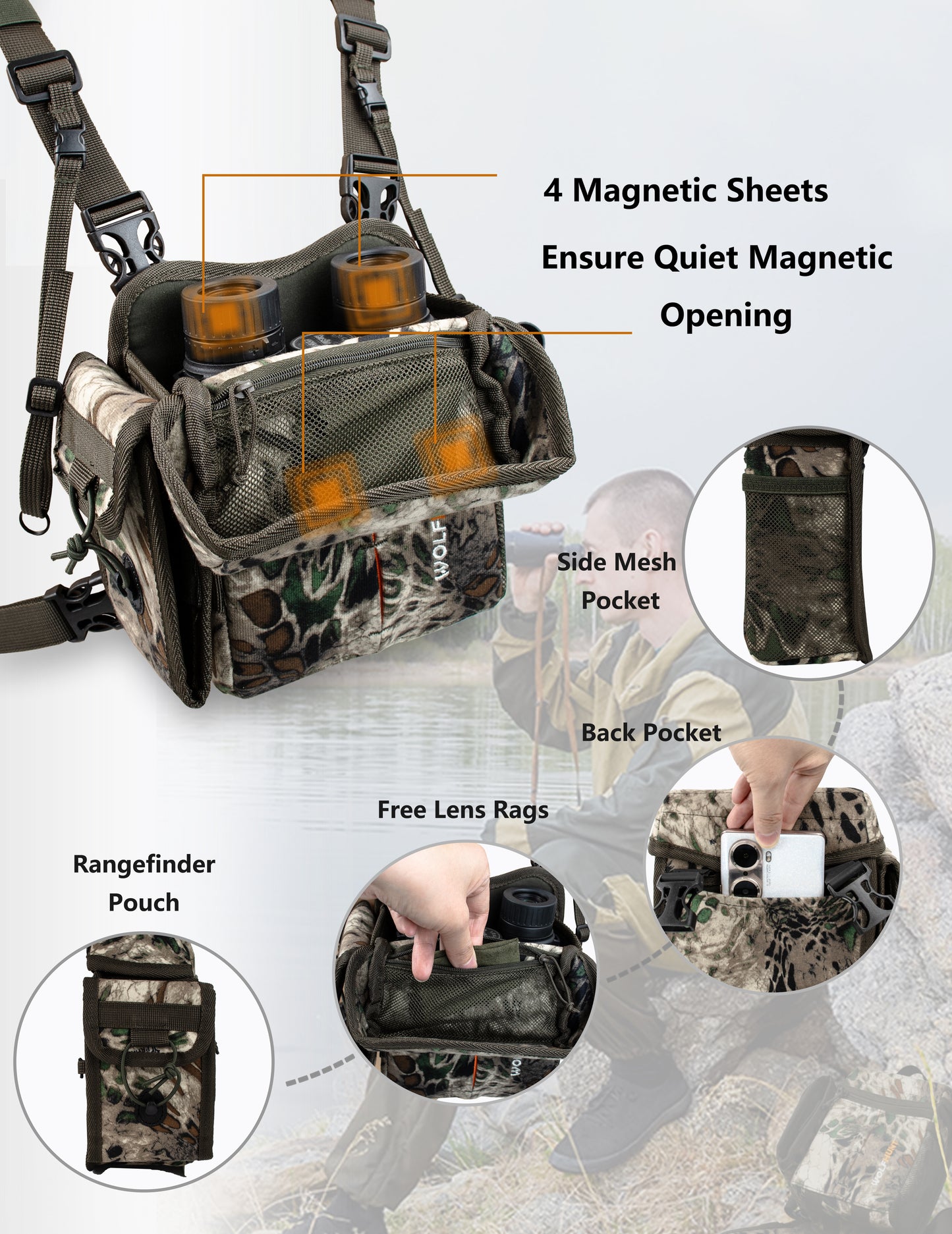 WOLFHUNT Binocular Harness Chest Pack Magnetic Closure, Bino Case with Detachable Rangefinder Pouch, Camouflage Bino Bag with Adjustable Strap for Hunting, Prym 1 MP