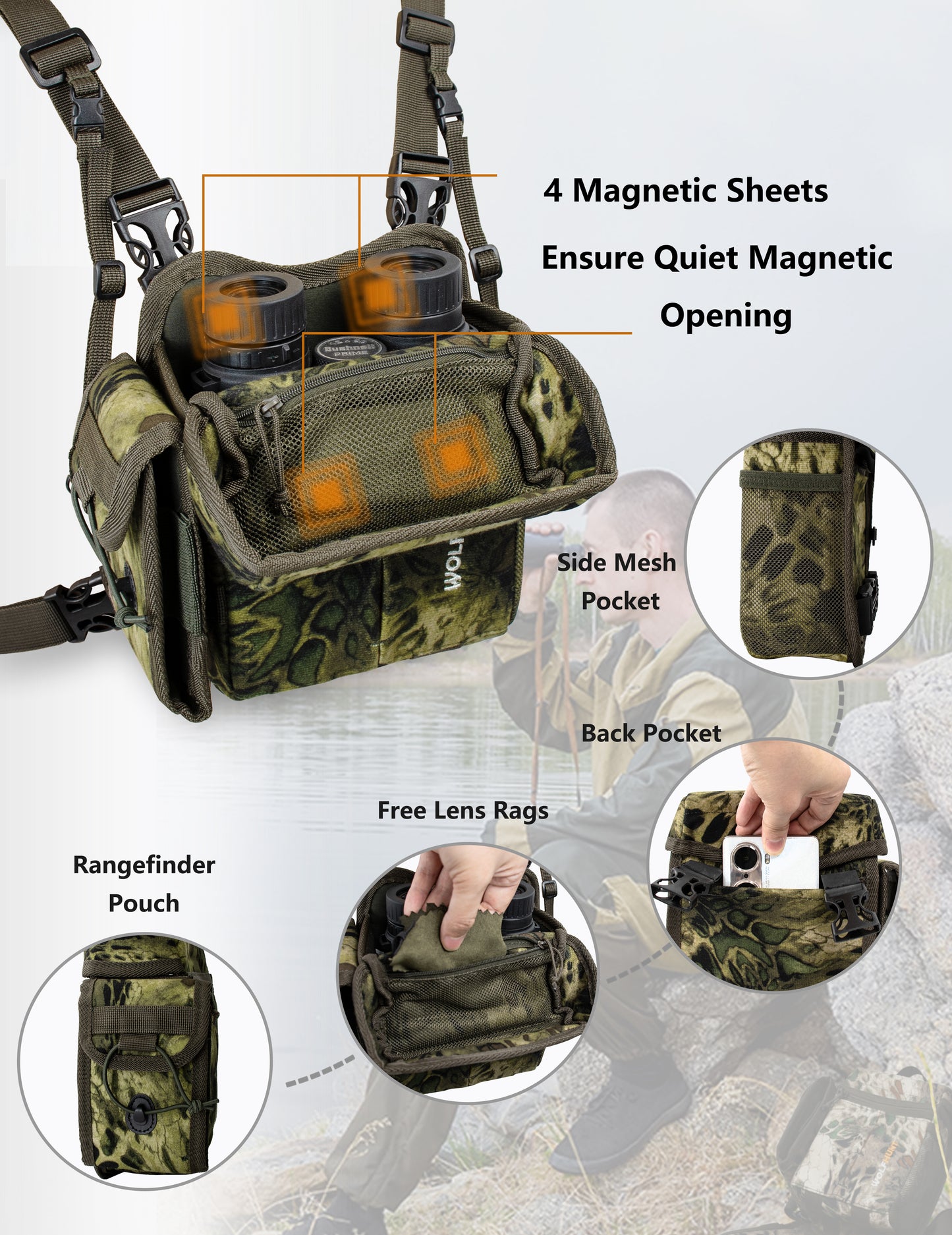 WOLFHUNT Binocular Harness Chest Pack Magnetic Closure, Bino Case with Detachable Rangefinder Pouch, Camouflage Bino Bag with Adjustable Strap for Hunting, Prym 1 Woodlands